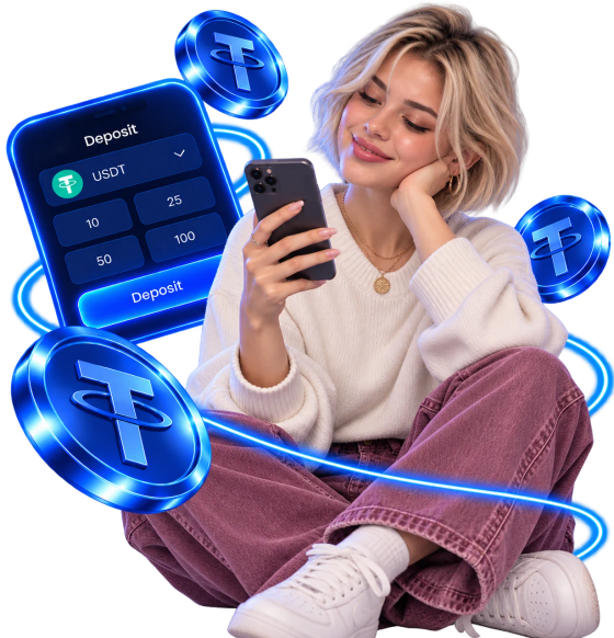 A player smiling at their phone beside a USDT deposit screen