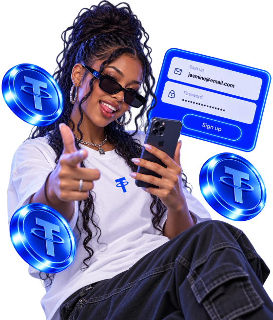 A player pointing at the camera beside a sign-up form