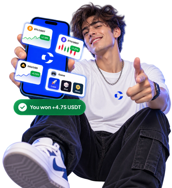 A player holding out a phone of markets and games, with a win of 4.75 USDT